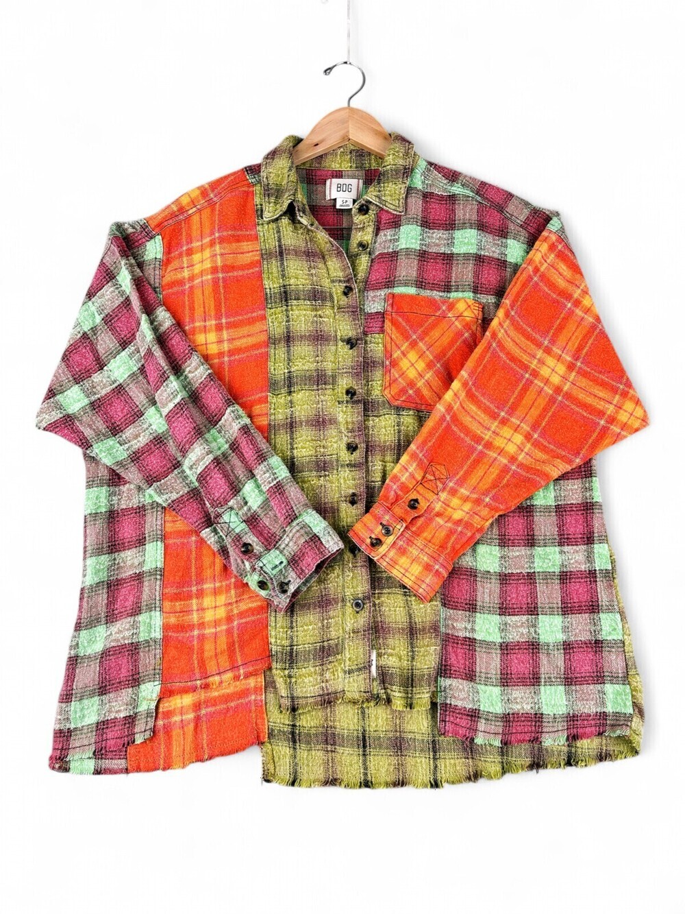 BDG Patchwork Flannel Button-Up Shirt Sz S Raw Hem Multi-Color